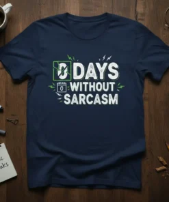 0 Days Without Sarcasm humorous quote t-shirt with distressed typography and lightning bolt graphics