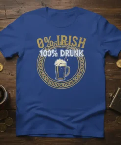 0% Irish 100% Drunk text with beer mug graphic on a blue t-shirt, Celtic knot border