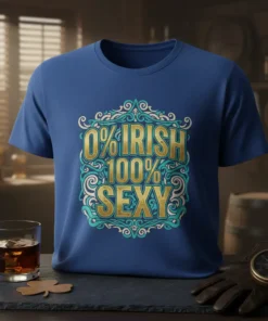 0% Irish 100% Sexy text design in gold and teal on a blue t-shirt, with ornate scrollwork