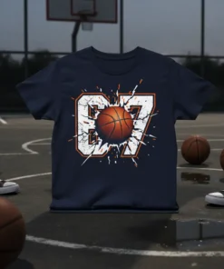 Basketball player number 07 design with a basketball bursting through cracked white numbers on a navy t-shirt