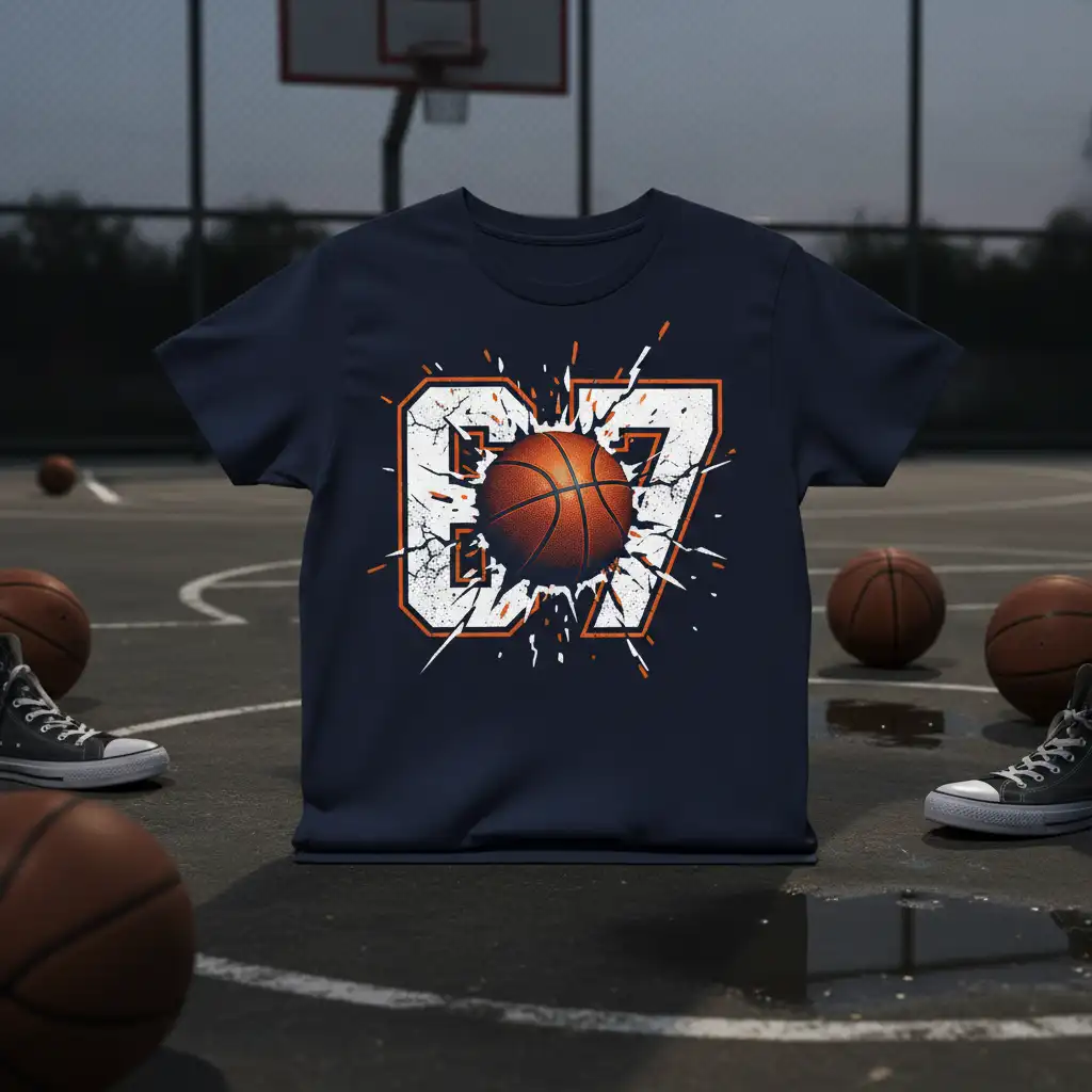07 basketball number design with a bursting basketball graphic on a navy tee