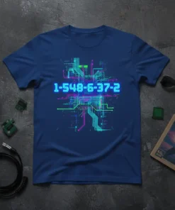 T-shirt with the code 1-548-6-37-2 displayed on a glowing digital circuit board background