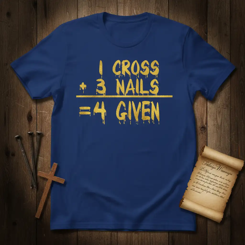 1 Cross 3 Nails 4 Given Christian message tee with gold glitter typography and mathematical equation format