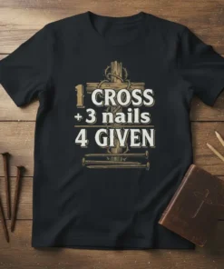 Christian t-shirt with text "1 CROSS + 3 nails 4 GIVEN" above an illustration of a cross and nails