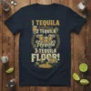 1 Tequila 2 Tequila 3 Tequila Floor! text design with shots and spilled tequila graphic on a navy t-shirt