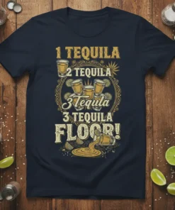 1 Tequila 2 Tequila 3 Tequila Floor! text design with shots and spilled tequila graphic on a navy t-shirt