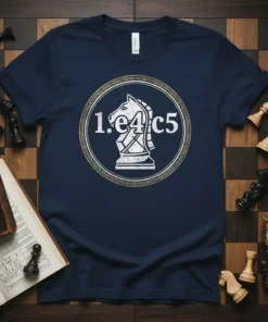 Navy t-shirt with white text "1.e4 c5" and a chess knight graphic, representing a chess opening move