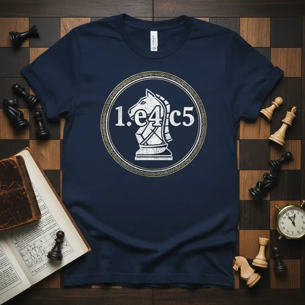 Navy t-shirt design displaying the chess move 1.e4 c5 with a prominent knight graphic