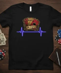 Black t-shirt with 10 J Q K A poker hand and blue heartbeat graphic, perfect for poker players
