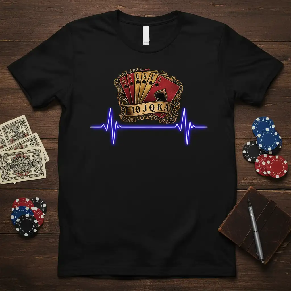 10 J Q K A royal flush poker hand with a blue electric heartbeat line on a black tee