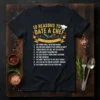 Black t-shirt with yellow text "10 REASONS TO DATE A CHEF" and a numbered list detailing why dating a chef