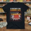 Black t-shirt with bold yellow and red text listing "10 Sentences That Cashiers Hate" and common customer complaints