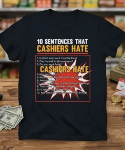 Black t-shirt with bold yellow and red text listing "10 Sentences That Cashiers Hate" and common customer complaints