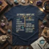 T-shirt design listing "10 Things I Want Life" including rocks, friends with rocks, money for rocks, and a rock cave