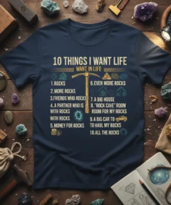 T-shirt design listing "10 Things I Want Life" including rocks, friends with rocks, money for rocks, and a rock cave