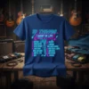 Blue t-shirt with neon pink and cyan text listing "10 Things I Want In Life" including guitars, guitar friends, and