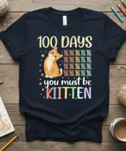 100 Days You Must Be KITTEN t-shirt with a cute orange cat and tally marks for the 100th day of