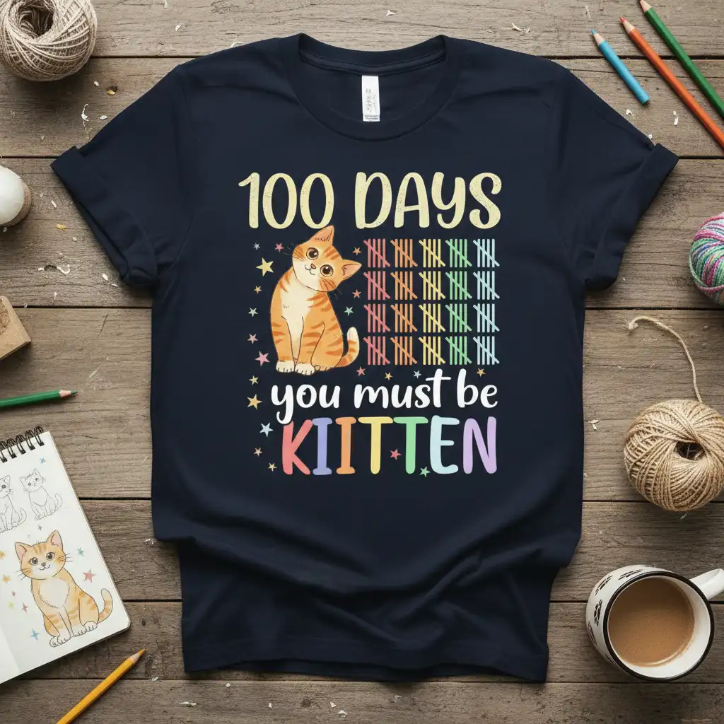 100 Days You Must Be KITTEN graphic tee design with a smiling cat and colorful tally marks theme