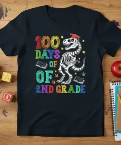 100 Days of 2nd Grade text with a dinosaur skeleton wearing a graduation cap and holding books