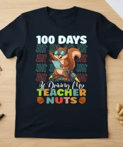 100 Days Of Driving My Teacher Nuts t-shirt featuring a cartoon squirrel in goggles holding a tablet and sitting on