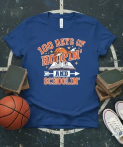 100 Days of Hoopin' and Schoolin' t-shirt design with basketball and open book graphic