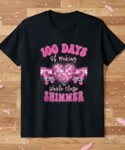 100 Days Of Making the Whole Classe SHIMMER t-shirt with pink roller skates and disco heart graphic