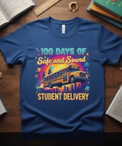 100 Days of Safe and Sound Student Delivery t-shirt design with a school bus graphic and colorful text