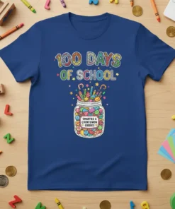 100 Days of School t-shirt with Smarties & Countdown Goodies jar design and colorful typography