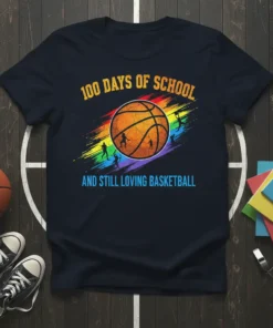 100 Days of School And Still Loving Basketball t-shirt design with rainbow brush strokes and a basketball graphic
