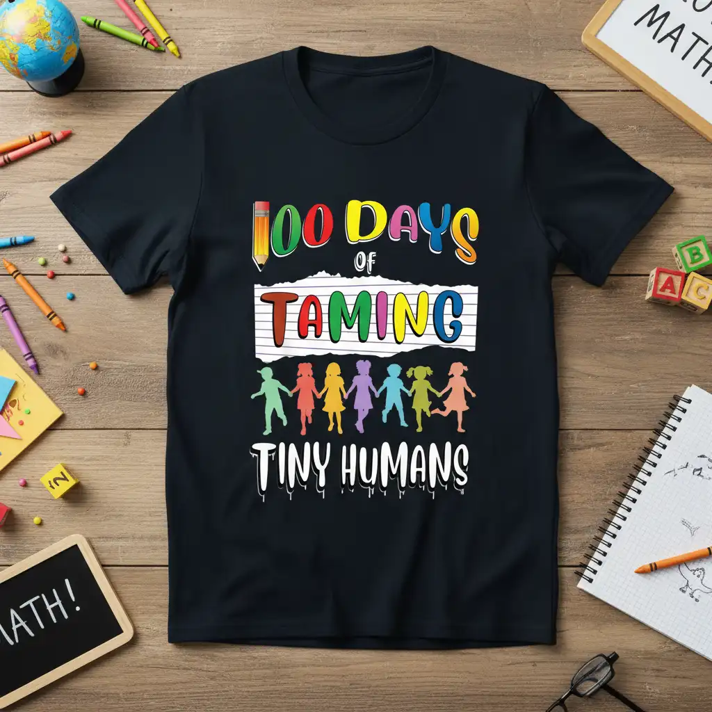 100 Days of Taming Tiny Humans quote with colorful letters and kids holding hands graphic on a black tee