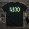 Black t-shirt with a large green and blue "100" graphic filled with US $100 bills and circuit board patterns