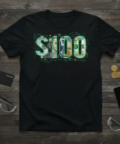 Black t-shirt with a large green and blue "100" graphic filled with US $100 bills and circuit board patterns
