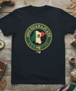 100% Guanajuato text with Mexican flag map graphic on a dark t-shirt, vintage style