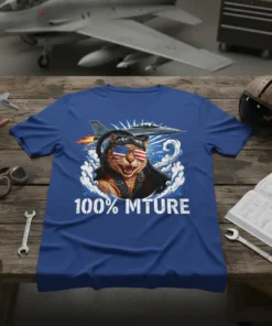 Pilot cat wearing aviator sunglasses and helmet with "100% MTURE" text, flying a fighter jet, on a blue t-shirt