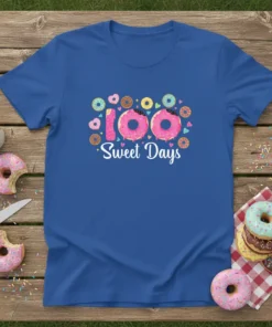 Blue t-shirt with "100 Sweet Days" text surrounded by colorful donuts and hearts, celebrating the 100th day of school