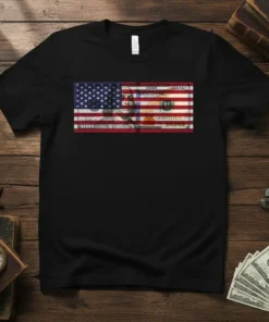 Black t-shirt featuring the 100 The United States Of America 100 design, merging the American flag with a 100 dollar