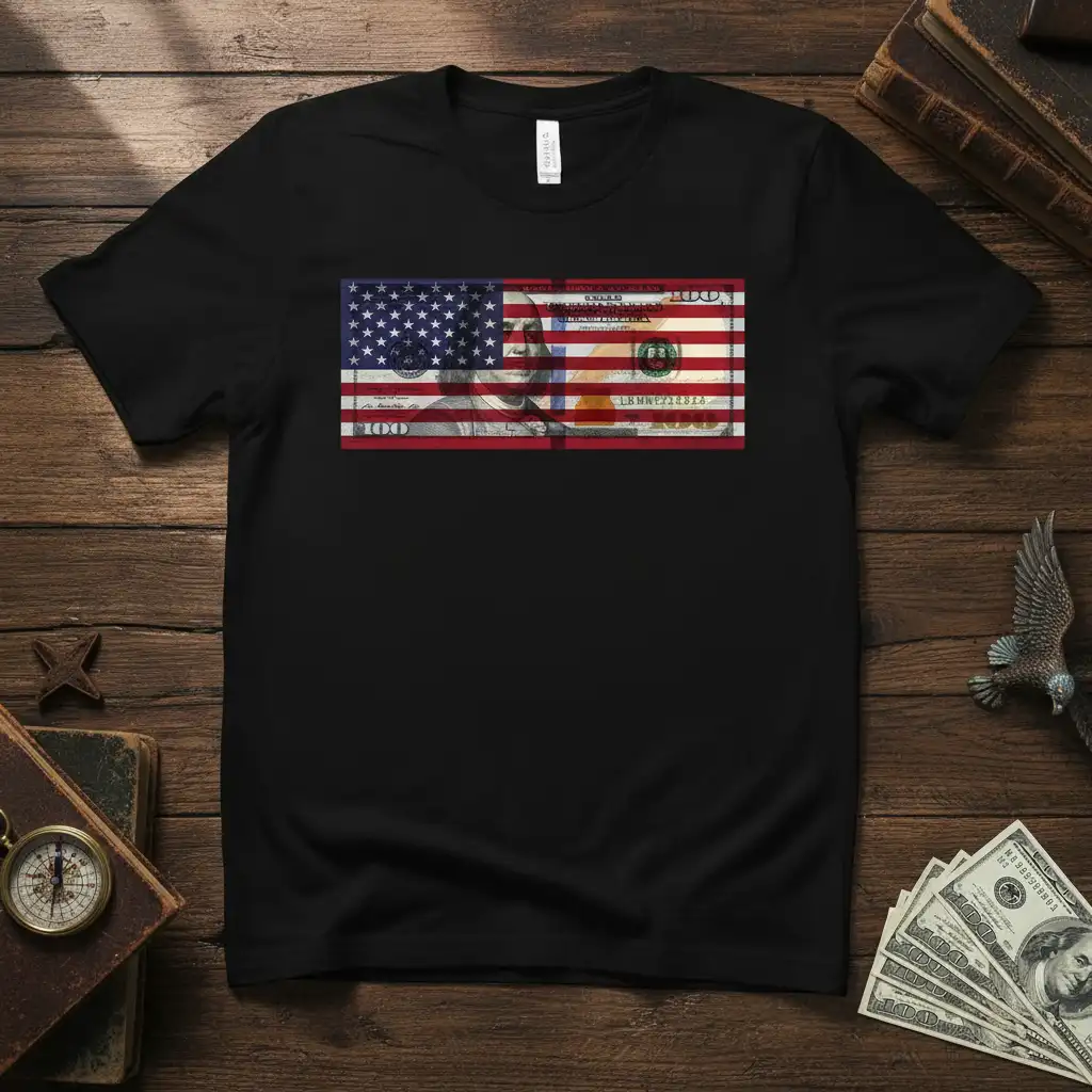 Black t-shirt featuring the 100 The United States Of America 100 graphic design, combining currency and flag elements