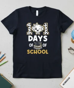 101 Days Of School t-shirt design with a cute Dalmatian puppy wearing a bow and glasses, celebrating 101 days of
