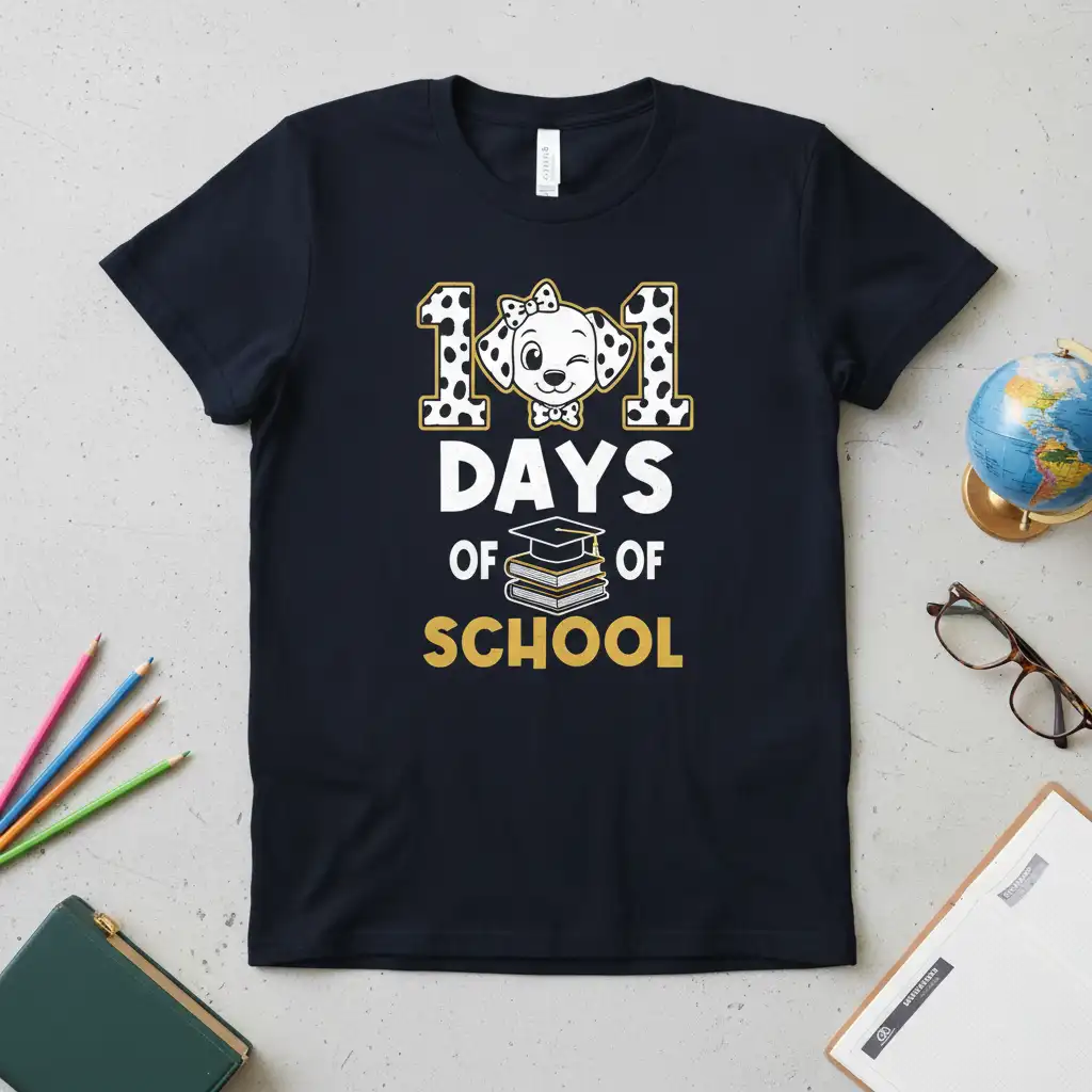 101 Days Of School t-shirt featuring a winking Dalmatian puppy, books, and graduation cap, celebrating academic achievement