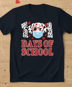 101 Days of School t-shirt design featuring a Dalmatian dog wearing glasses and a face mask, with red hearts and