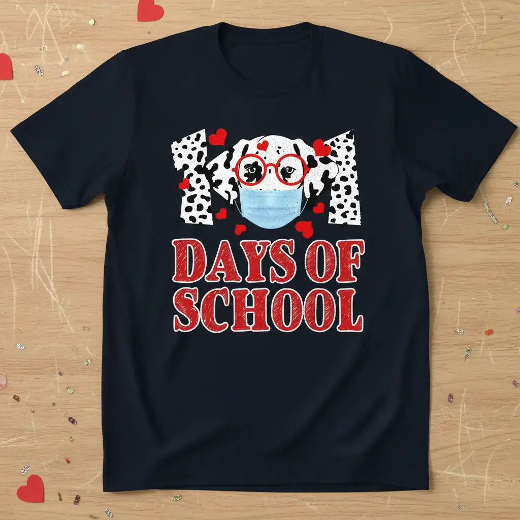 101 Days of School t-shirt design with a Dalmatian dog, glasses, mask, and red hearts graphic