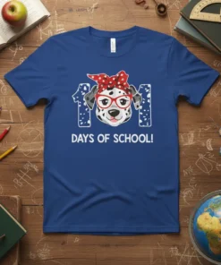 101 Days of School t-shirt featuring a Dalmatian dog wearing glasses and a bandana, with "101 DAYS OF SCHOOL!" text