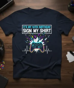 It's My 10th Birthday Sign My Shirt graphic tee with a neon video game controller and heartbeat line