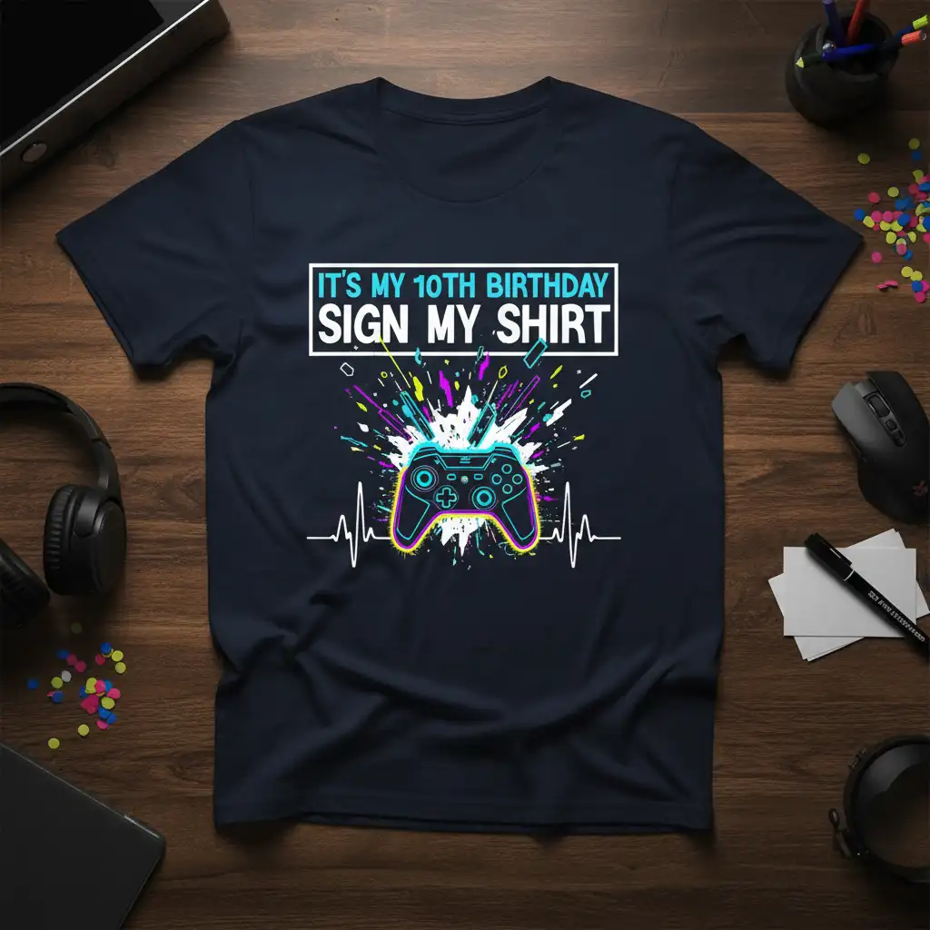 It's My 10th Birthday Sign My Shirt text with neon gamer controller and pulse graphic