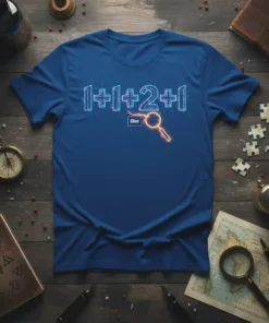 1+1+2+1 CLUE math puzzle design with neon outline and magnifying glass graphic on a blue t-shirt