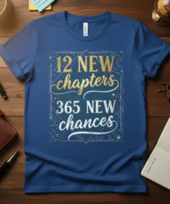 Blue t-shirt with gold and white text "12 NEW chapters 365 NEW chances" design, featuring celestial graphics and motivational quote