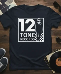 12 Tone Records logo t-shirt with a silhouette of a suited man and checkerboard pattern