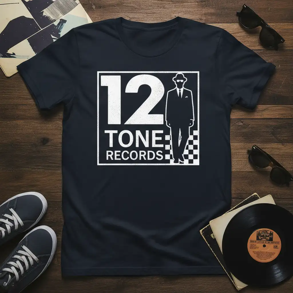 12 Tone Records logo design with ska music silhouette and checkerboard pattern