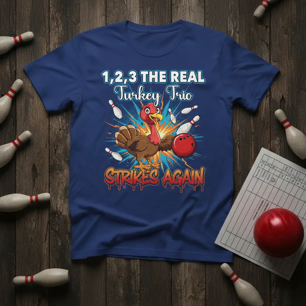 1,2,3 THE REAL Turkey Trio STRIKES AGAIN text and cartoon turkey bowling on a blue t-shirt design