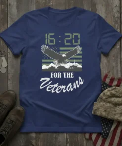 Navy t-shirt with "16:20 FOR THE Veterans" text, eagle graphic, American flag, and military vehicles